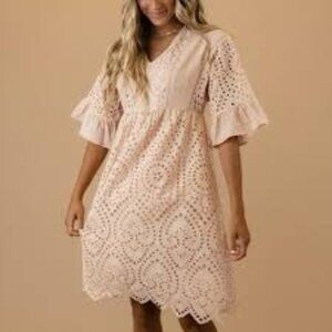 Roolee Falling For You Eyelet Dress Medium Pink Lace Ruffle Sleeves A-Line V-Nec